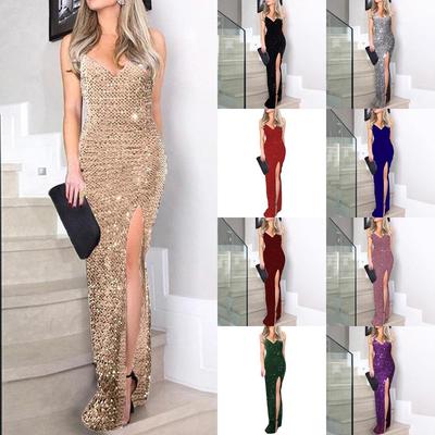 European & American Sexy V-Neck Sequin Slit Evening Dress for Women