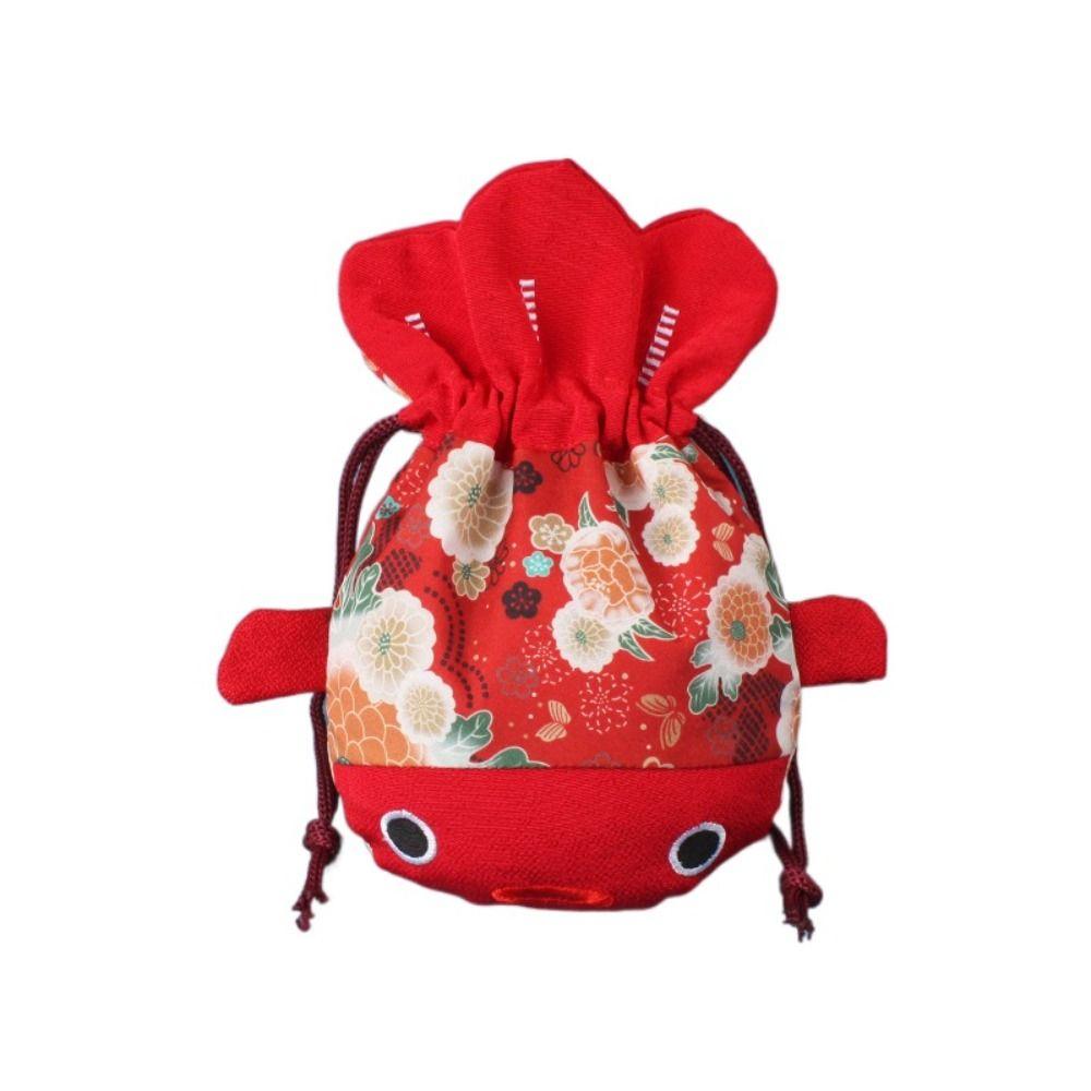 

Cartoon Animal Canvas Flower Drawstring Bag Red Color Bag Large Capacity Gold Fish Shape Handbag Wrist Bag Korean Style