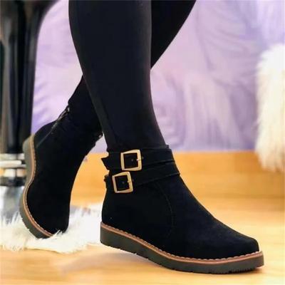 Herbst/Winter Neuer Stil Einfarbig Schnallendesign Kurzer Schaft Damenstiefel Runde Zehenpartie Flacher Sohle Modell Mode Damenstiefel