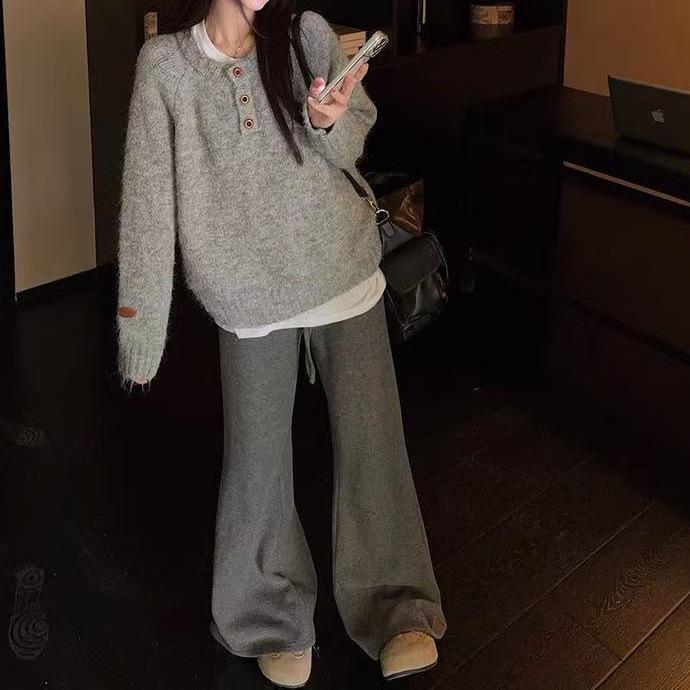 Autumn-Winter Loose Knit Pullover Sweater with Three Buttons - Korean Style Women's Top