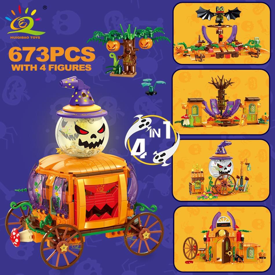 

673 шт. 4 в 1, серия Хэллоуина, тыквенный череп, строительные блоки, набор кирпичей, городские строительные игрушки для детей, друзей no box