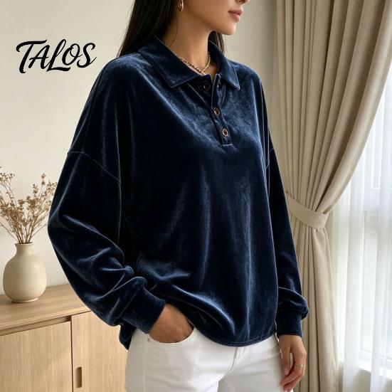 Damen Pullover Hemd Damen Samt Hemd, 3-Knopf Kragen Casual Bluse, Einfarbige Tägliche Kleidung Locker Langarm Oberteil für die Arbeit Atmungsaktive Bluse