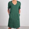Women's Cotton Linen Shirt Dress Summer Short Sleeve V Neck Midi Dress Casual Shift Dress with Pockets