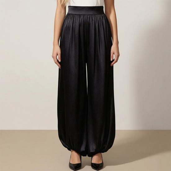Women Satin Bloomers, High Waist Wide Leg Trousers, Pure Color Loose Fit Flowing Pants for Office Date Night Casual Daywear