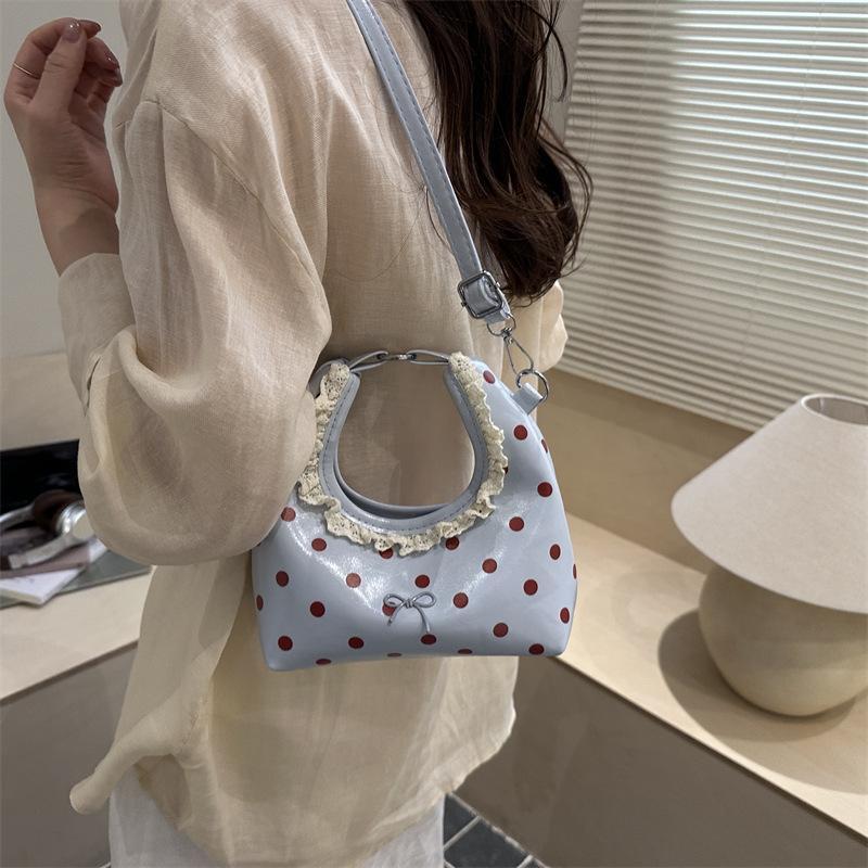 Polka Dot PU Leather Bag with Detachable Strap Lace Ruffled Handle Cute Bow Casual Purse for Daily Use