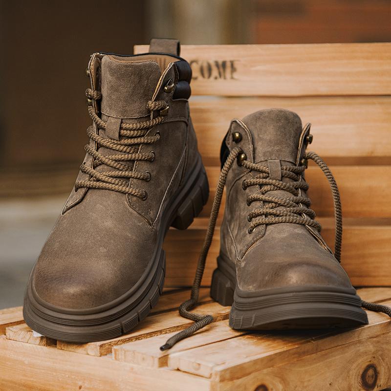 Leisure Walk High Top Shoes Suede Leather Ankle Boots Non-Slip Lace-Up Mens Motorcycle Boots Classic Wear-Resistant Hiking Botas