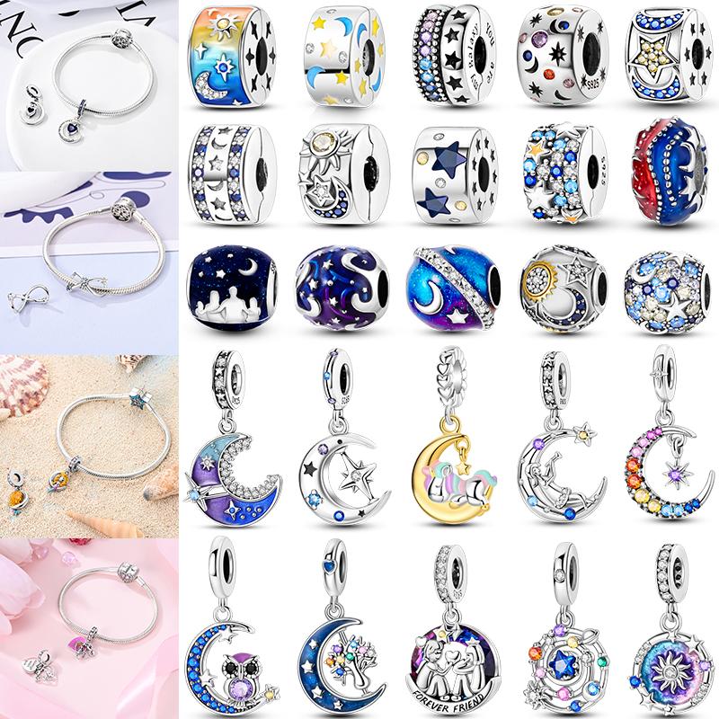 Charms Bead 925 Silver Starlit Sky Moon Sun Earth Universe Charm Fit Bangle Bracelet Necklace DIY Jewelry