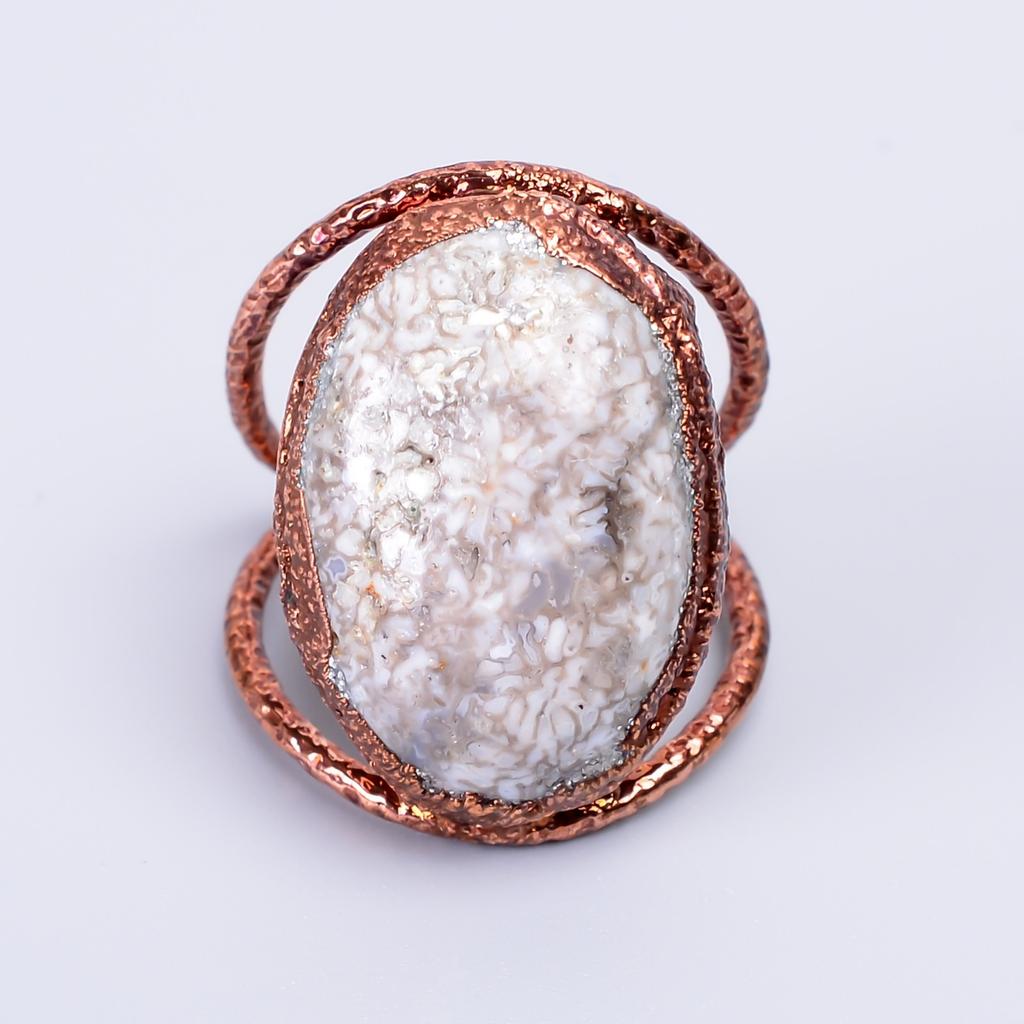 Oval Fossil Coral Stone Copper Eternity Promise Boho Electroformed Ring Jewelry V-59