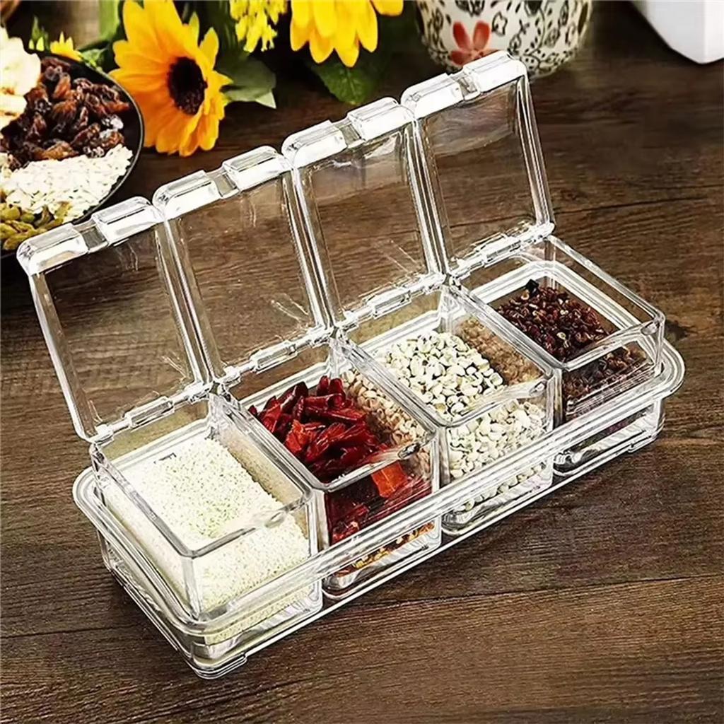 Transparente Gewürzbox mit vier Fächern Hochtransparenter Kunststoff Gewürzbox-Set Geeignet zur Aufbewahrung von Salz und Zucker