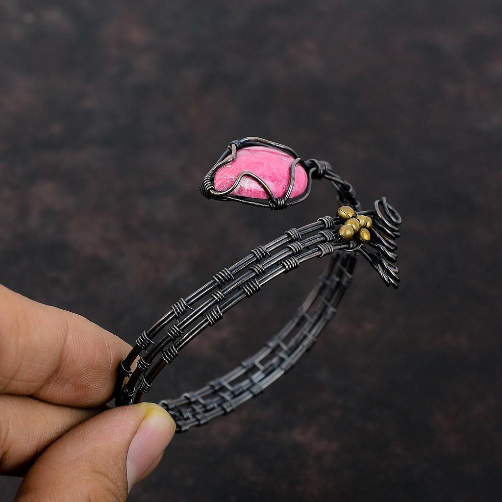 Thulite Cuff Bracelet Handmade Gemstone Bangle Copper Wire Wrapped Jewelry Adjustable Bangle Copper Wire Wrap Cuff Bracelet Gift For Mother