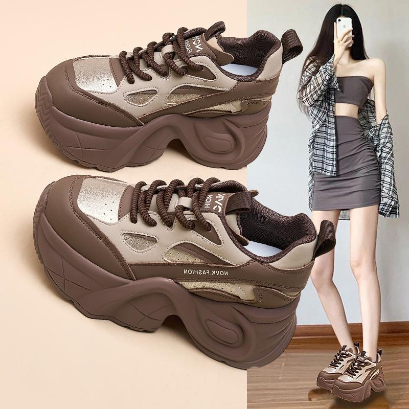 Women's Autumn and Winter Thick-soled Casual Genuine Leather Breathable Sports Shoes with Inner Height Increase Dad Shoes