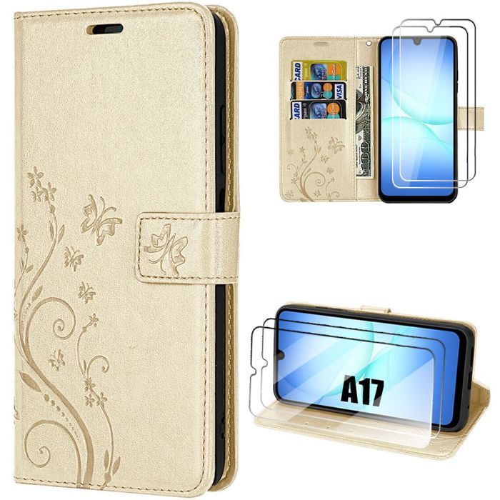 Coque de Protection - BOOLING - Samsung Galaxy A17 4G/5G - Cuir PU Floral Doré - 2 Verres Trempés