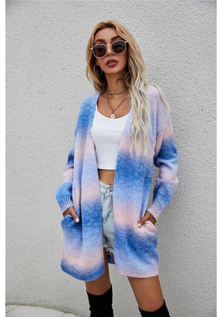 Europæisk & Amerikansk Dame Regnbue Strikket Cardigan - Mellemlang Sweater til Efterår/Vinter