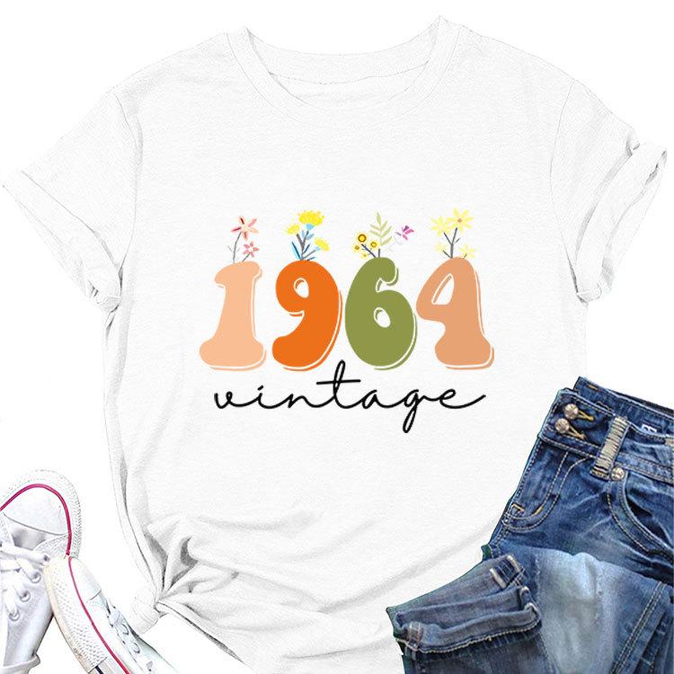 Casual Loose short sleeve Tshirt 1964 vintage printed Summer Ladies O neck fashion top S