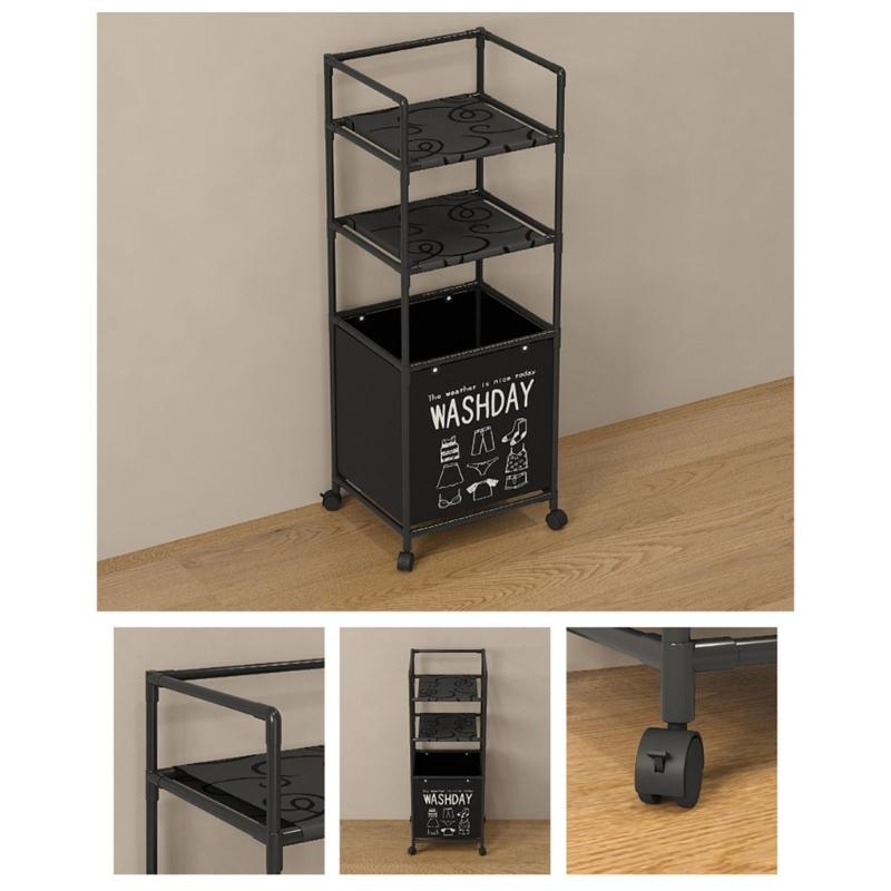 Sturdy Metal Frame Laundry Hamper Rolling Wheels Foldable Designs Removable Shelves for Home Organization Daily Use