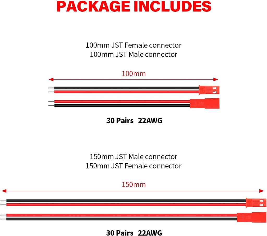 60× JST 2-Pin Connectors 22 AWG – 10cm & 15cm Cables – For LED Strips, RC Batteries, and DIY Electronics – Red