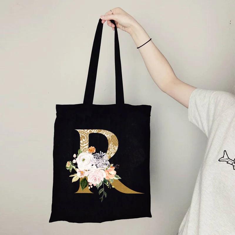 Gold Letter Flower Canvas Bag Women's Shopping Bag Reusable Large Capacity Portable Handbag Harajuku Student Shoulder Bag