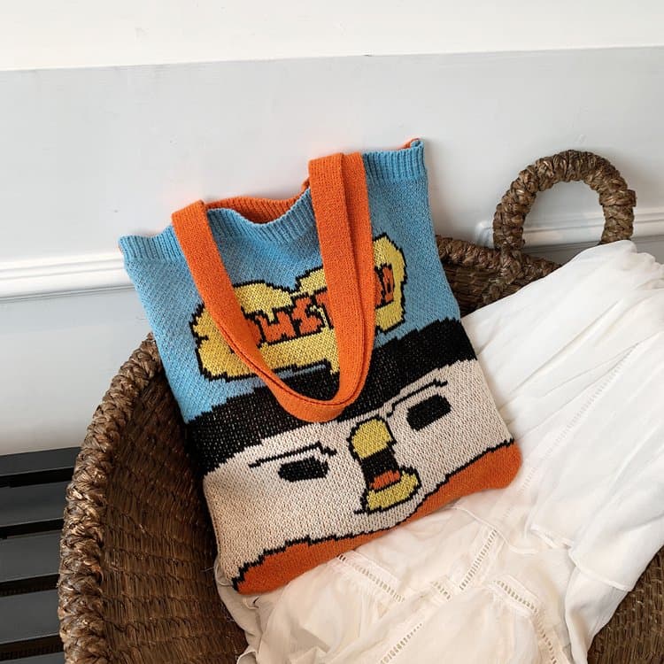 Cartoon Penguin Contrast Knitted Tote Big Bag