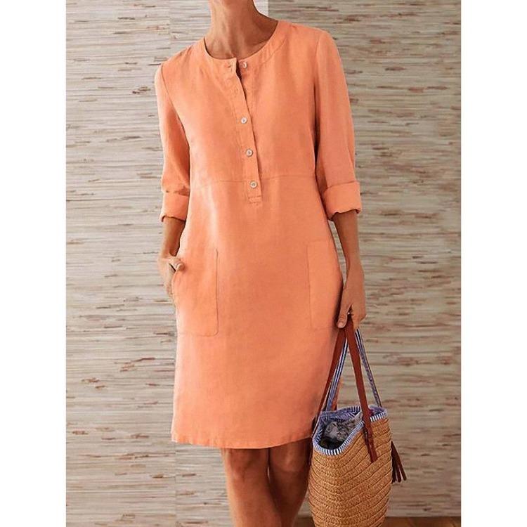Women's Large Size Round Neck Long Sleeve Cotton Linen Solid Color Dress