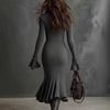 2025 Autumn European & American Elegant Zipper Lapel Bell Sleeve Knit Fishtail Skirt