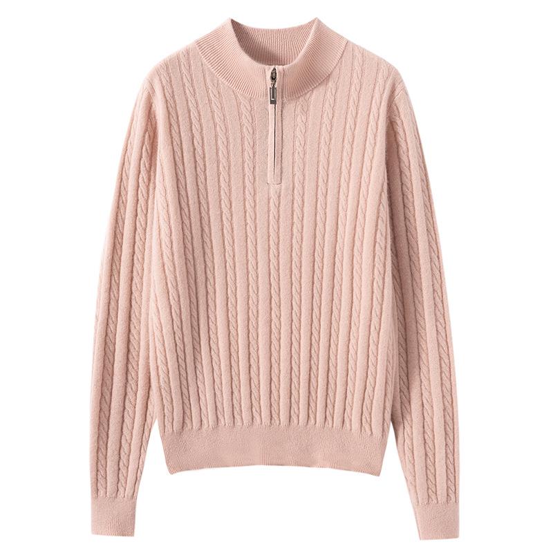 Women's 100% Cashmere Half-Zip Sweater - Casual Loose Fit, Autumn/Winter Knitwear with Stand Collar