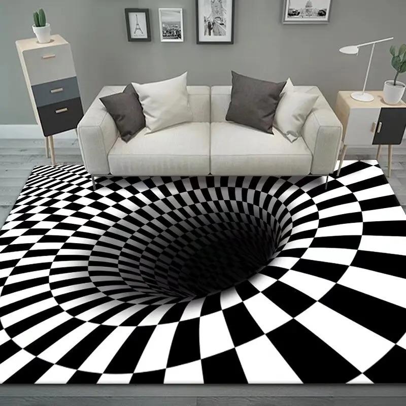 Large Size Carpet 3D Vortex Illusion Black White Rug Abstract Geometric Optical Mat Non-Slip for Bedroom Living Room Decoration