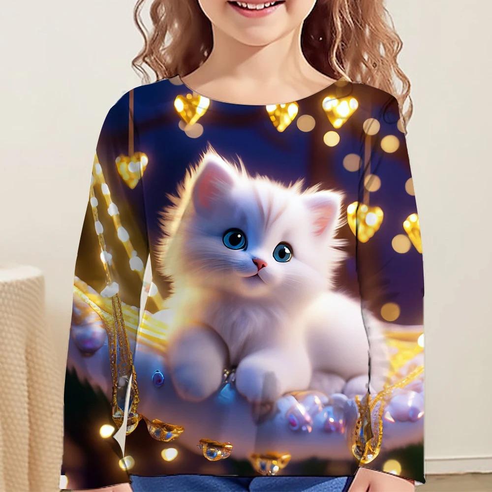 Kinder Niedliche Katze 3D Digitaldruck Mädchen Modetrend Rundhals Langarm T-Shirt