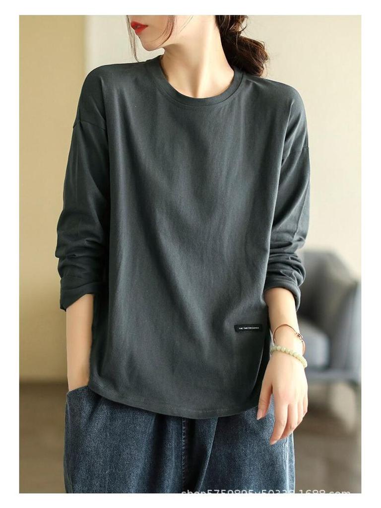 Women's 2025 Retro Solid Color Long Sleeve Round Neck Top