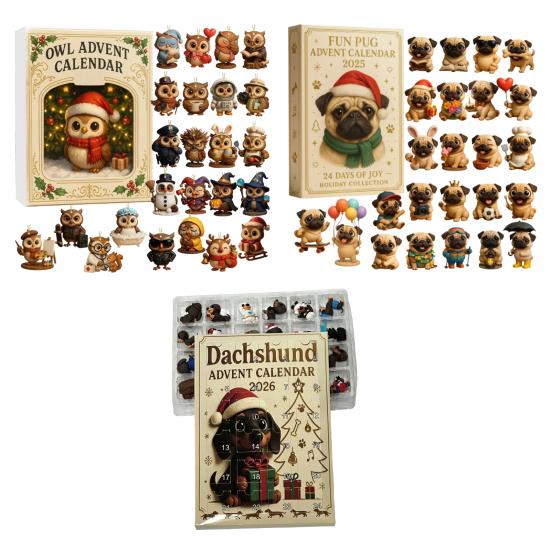 Niedliche Tier-Spielzeugsammlung 2026 Eule/Hund Adventskalender, 24 Tage Countdown bis Weihnachten mit Mini-Figuren-Box-Schmuck, PVC Sammelfiguren