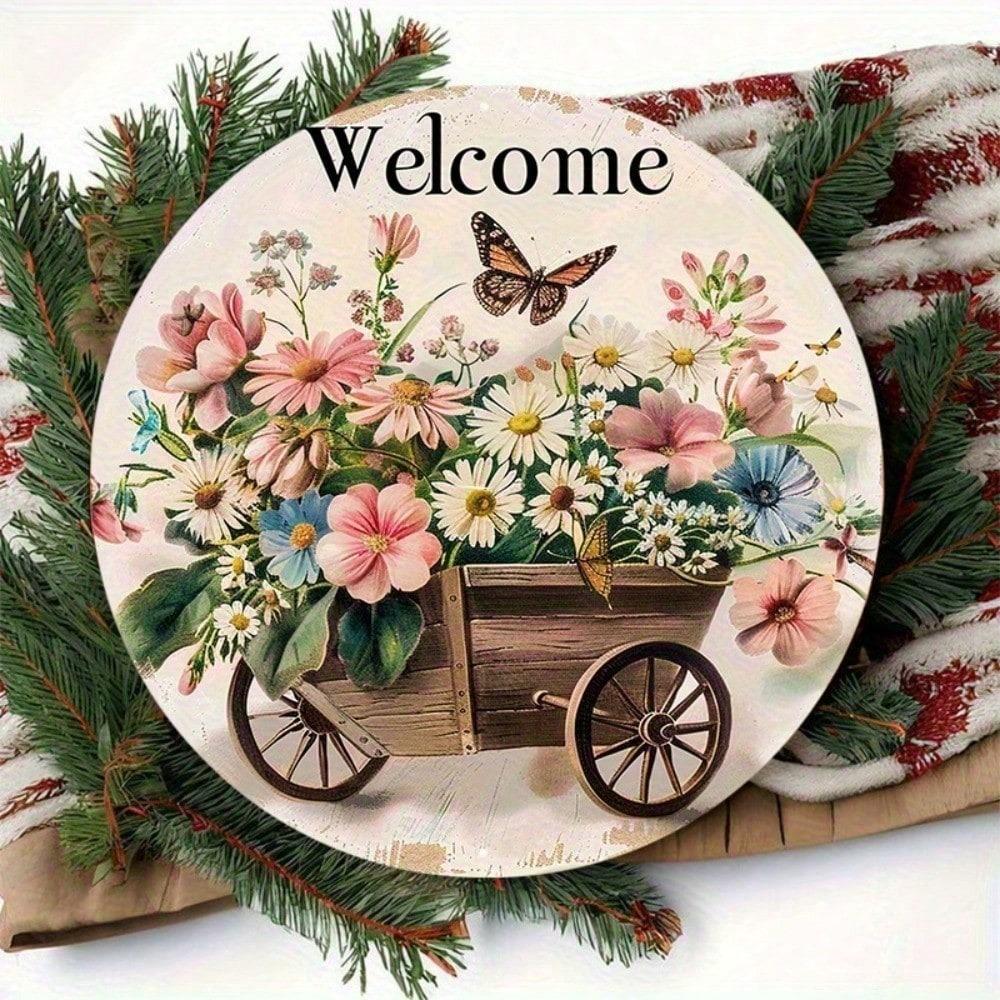 1pc 8x8 Inch Fantasy Animal Round Welcome Sign Waterproof HD Printed Floral Butterfly Door Hanger Wall Decor