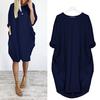 Plus Size Casual Solid Color Women Long Sleeve Loose Midi Dress with Pockets