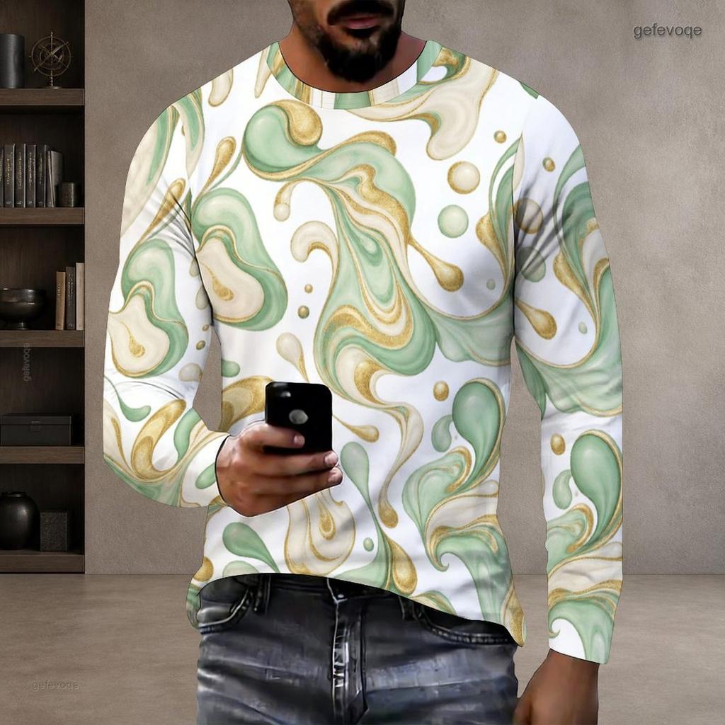 Men Plus Size Round Neck Long Sleeve Printed White T Shirt Casual Pullover