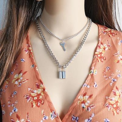 Key Padlock Pendant Necklace for Women Gold/Silver Color Layered Chain Punk Metal Jewelry Accessories for Women
