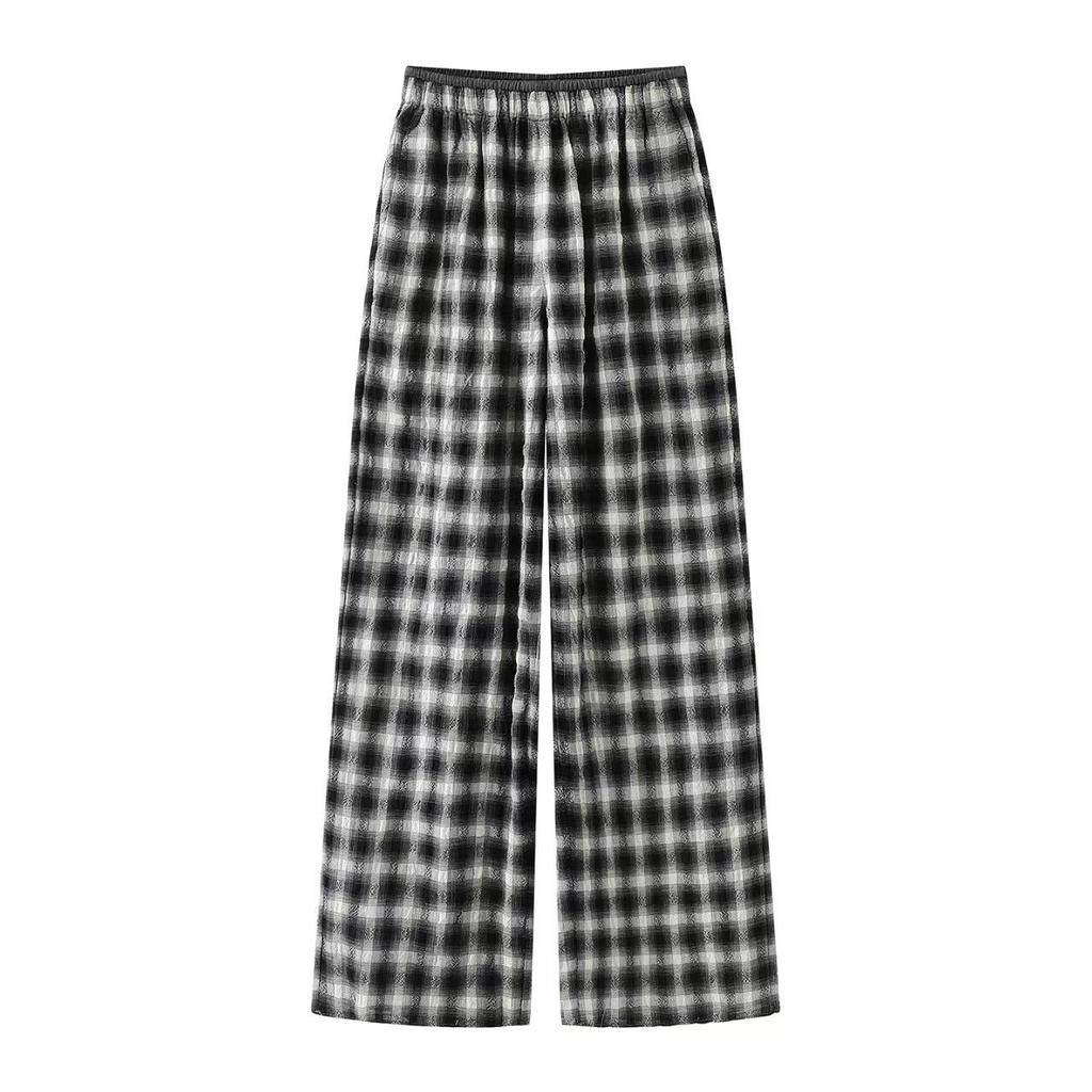En stock: Pantalones Casuales Rectos Adelgazantes de Cintura Elástica a Cuadros Retro Primavera 2026