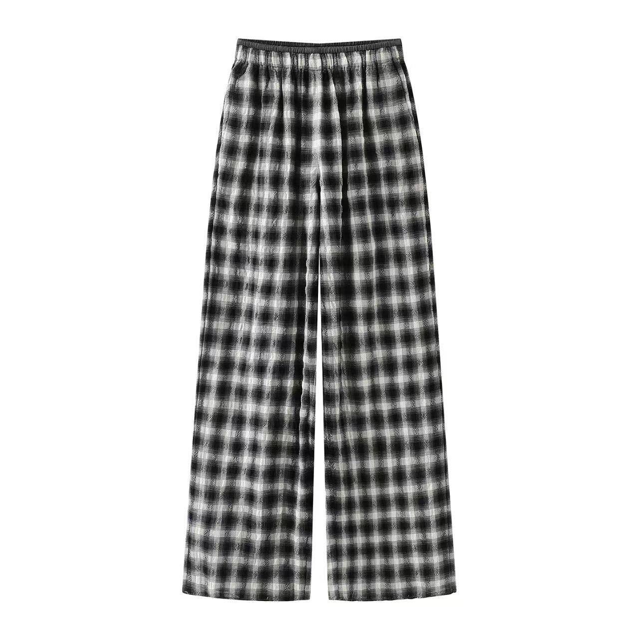 In Stock: 2026 Spring Retro Plaid Elastic Waist Slimming Straight Casual Pants XS