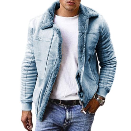 Men Winter Coat Zipper Fleece Solid Color Thick Turn-down Collar Keep Warm Casual Plus Size Long Sleeves Retro Outdoor Coat for Motocycling