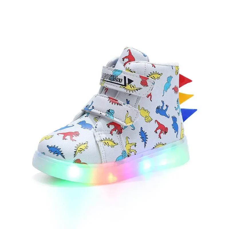 Children's High Top Sneakers 2024 New LED Lighted PU Kids Shoes Fashion Dinosaur Print Boys Casual Shoes Luminous Board Shoes