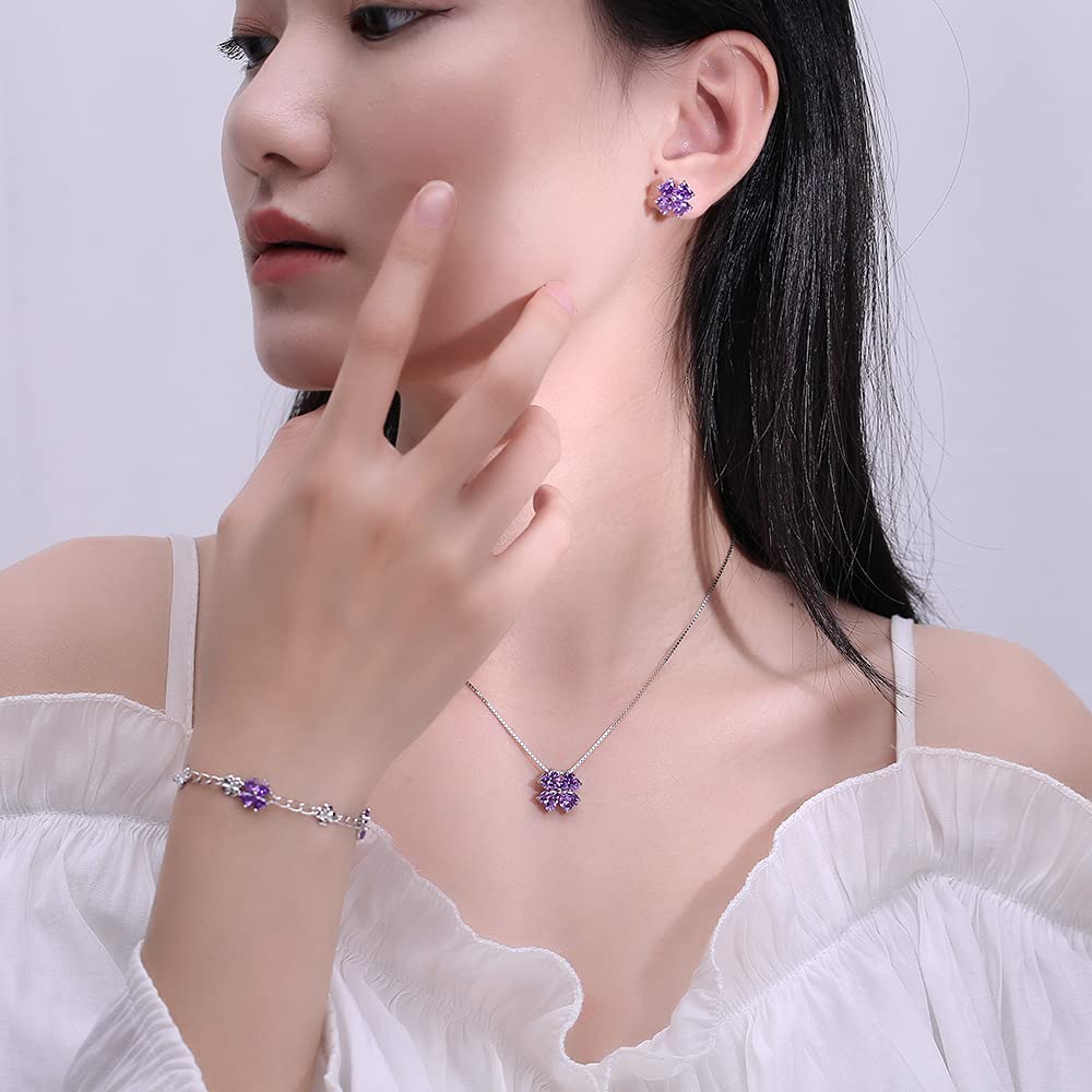 Heart Silver 925 Necklace Four Leaf Clover February Birthstone Amethyst Metal Hypoallergenic Pendant Women Birthday Birthstone Elegant Wedding Women