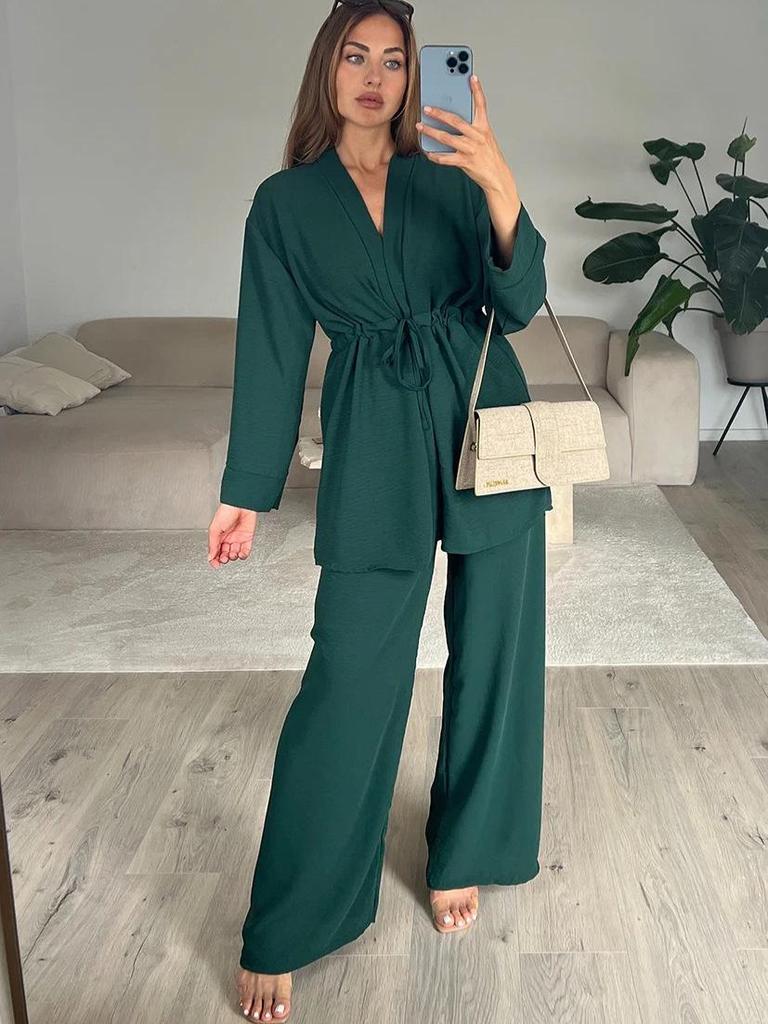 European & American 2025 Casual Tie-Up Top with Long Sleeve and Comfortable Long Pants Set