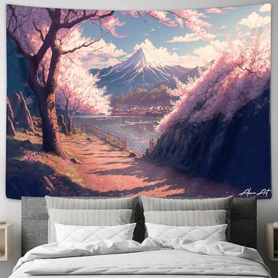 Anime Cherry Blossom Mount Fuji Landscape Wall Tapestry Machine Washable All Season Decor Art Print Nature Scenery Design Home