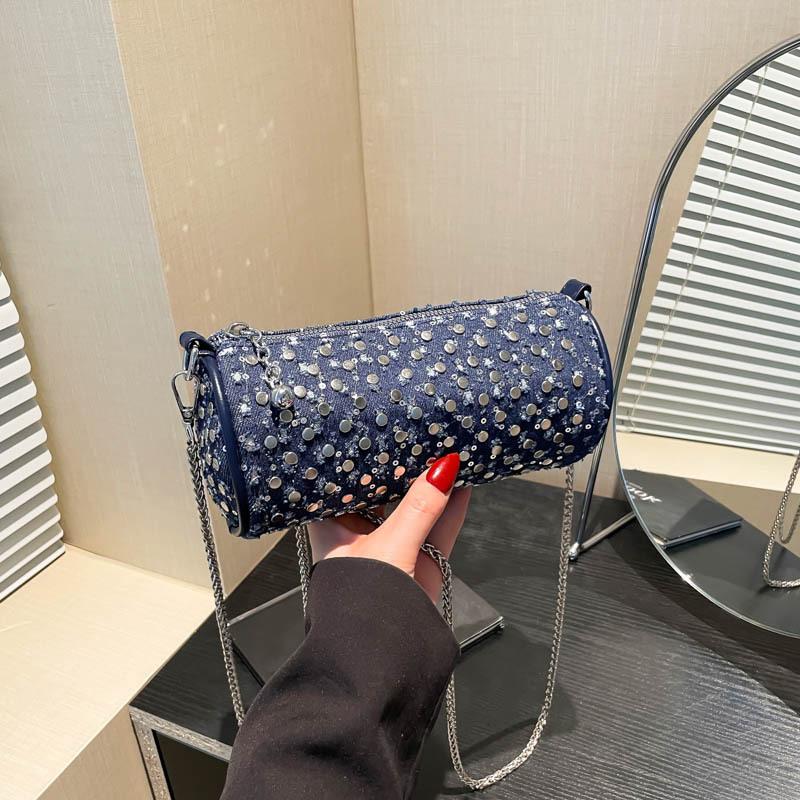 Fashion Trend Chain Cylinder Bag Women's New Summer High-end Sense Versatile Rivet Shoulder Messenger Bag