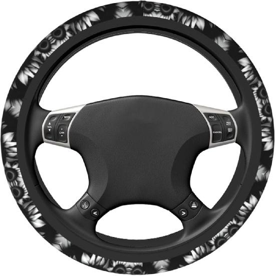Black and White Sunflowers Print 15 Inch Universal Steering Wheel Cover,Car Accessories,for Cars,Suvs,and Trucks