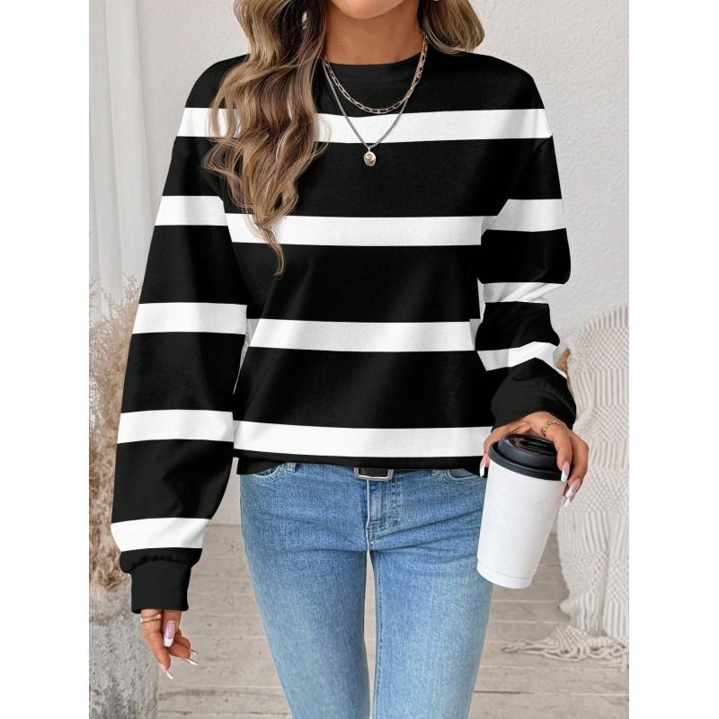 Womens Casual Striped Print Hoodie-Free Sweatshirt Loose Fit Round Neck Long Sleeve Top 2025