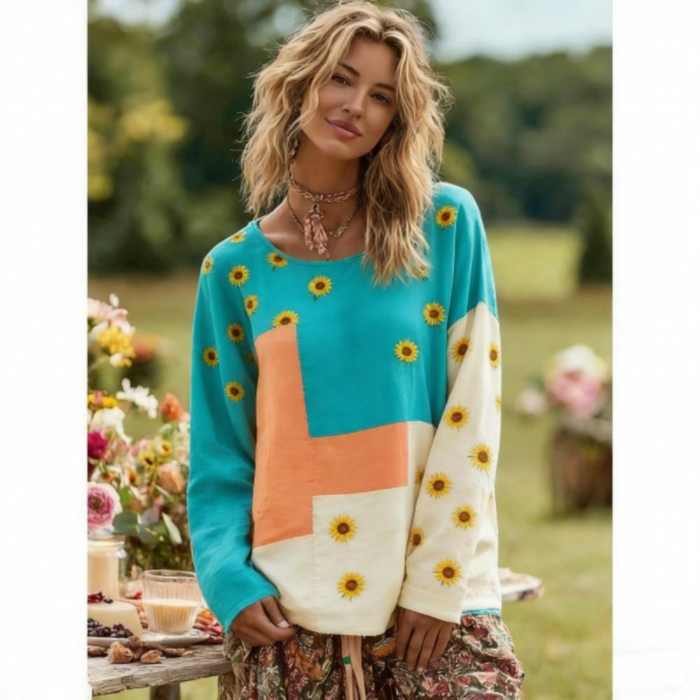 Bohemian Style Fashion Splicing Colors Women's T-shirt Pullover Europe America Women Long Sleeve Clothing Outdoor Casual Tees Top