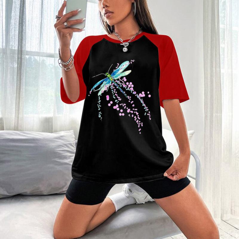 

Суцільний колір із клаптевими рукавами реглан 3D-принт Модна жіноча футболка Пуловер Щоденний всесезонний поліестеровий V-подібний виріз XS