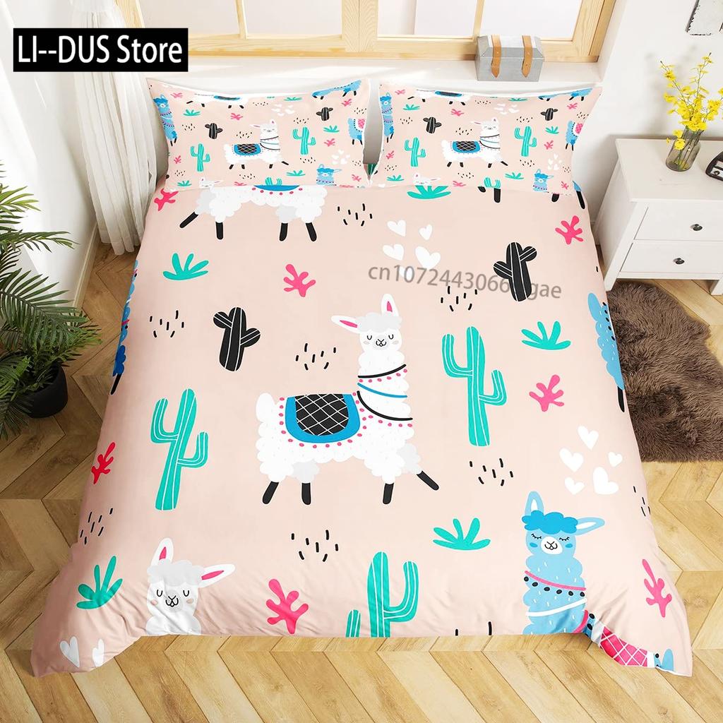 Lovely Cartoon Alpaca Llama Cactus Print Boys Girls Duvet Cover Set Full Size For Kids Teen Bedding Set Comforter Cover Decor