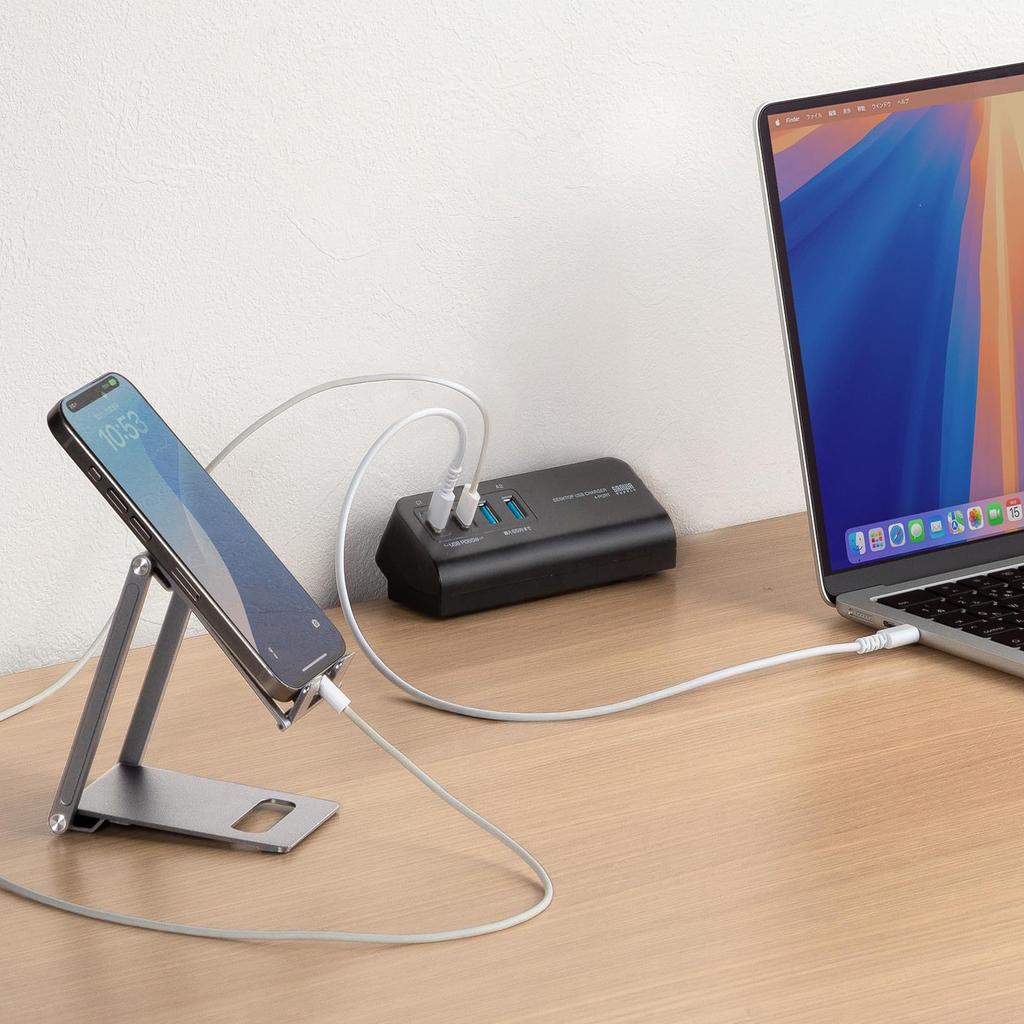 Sanwa Supply USB PD Compatible AC Charger C x 2 A x Clamp-Type (PD65W, + 2, Black) ACA-PD106BK