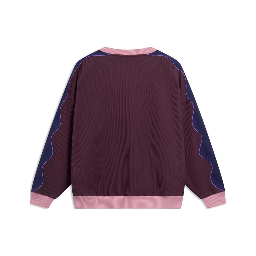 Li Ning Letter Embroidery Ribbed Color Block Loose Pullover Sweatshirt Unisex Sweatshirt Dark-Purple AWDT267-1