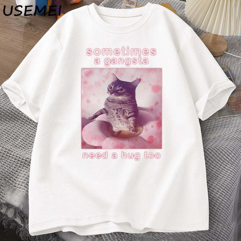 Sometimes A Gangsta Need A Hug Funny Cat Meme T-shirt Men Goofy Ahh T Shirt Y2k Graphic T Shirts Oversize Tee Clothing XXL белый