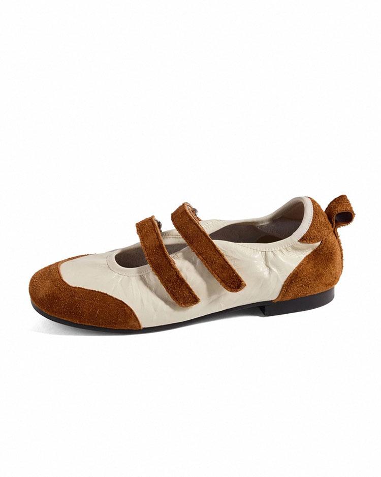 Sheepskin version retro style color matching casual round head light mouth Mary Jane shoes women's commuter flat shoes
